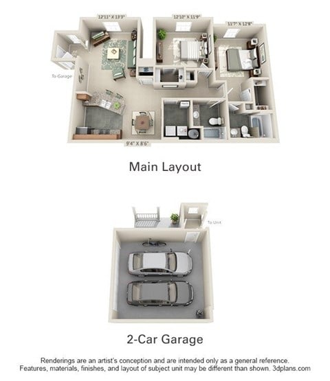 Floor plan for 2 beds, 2 baths, 1130 sqft